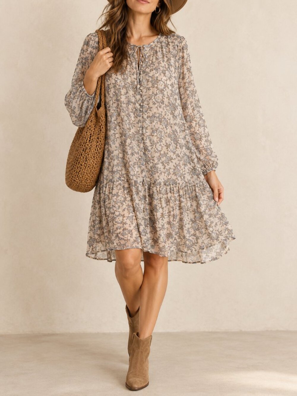 Lucky Brand Floral Popover Boho Mini Dress Size M Viscose